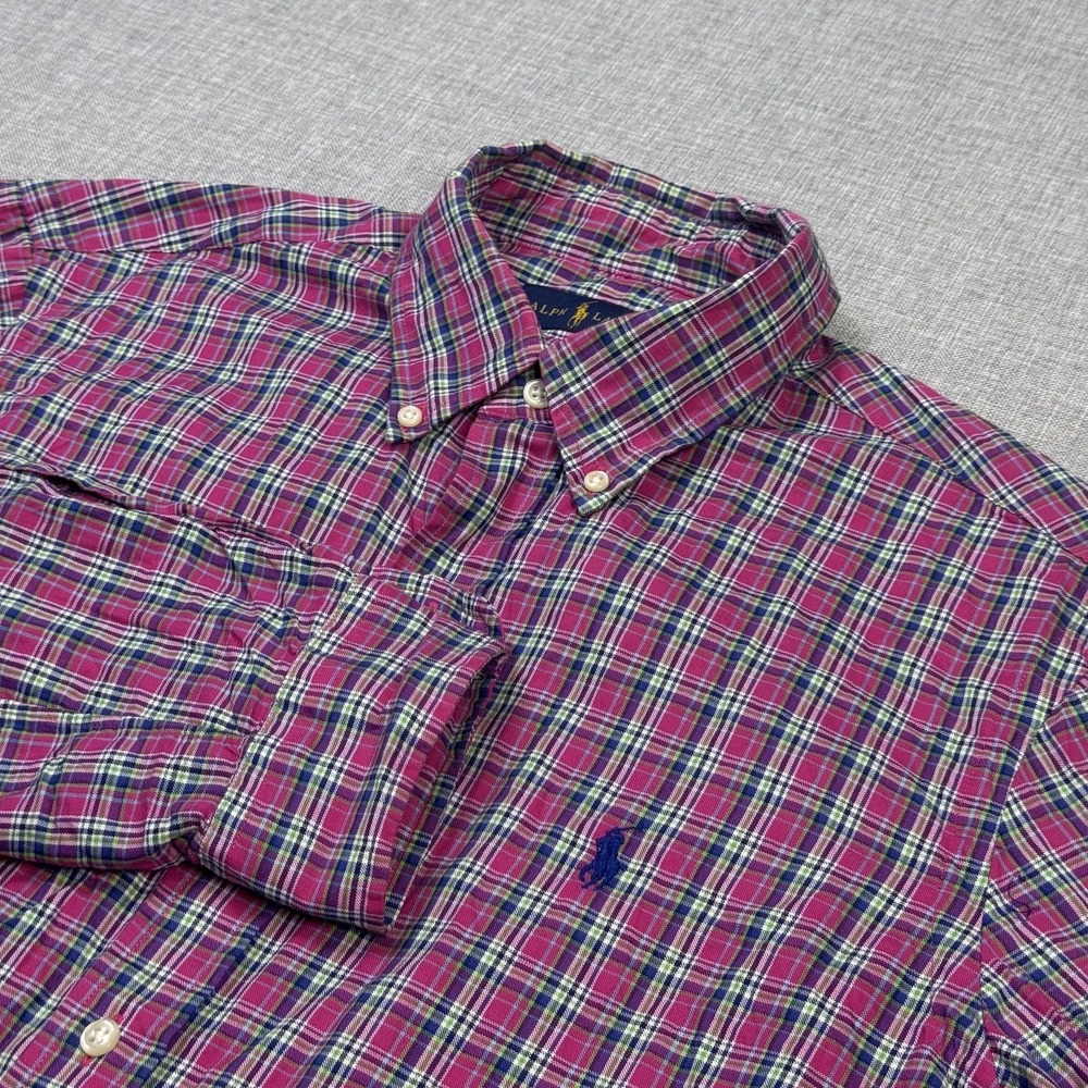 Ralph Lauren Button-Down Shirt Mens M Pink Plaid Long Sleeve Cotton Embroidered